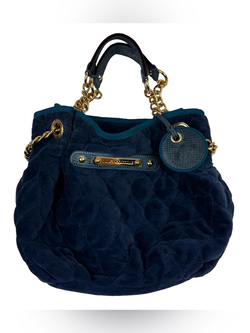 Juicy Couture Navy Quilted Velvet Chain Shoulder Bag Gold Hardware Vintage Blue